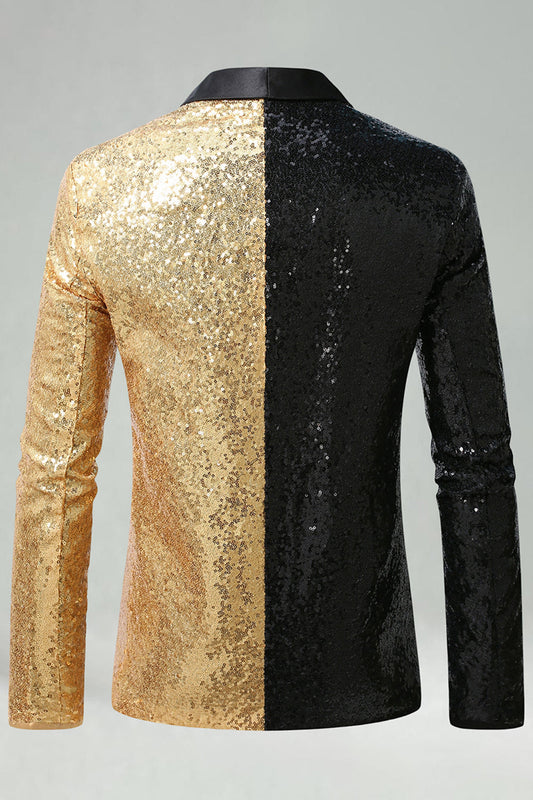 Blazer de bal pour homme avec revers châle doré noir scintillant et boucle unique