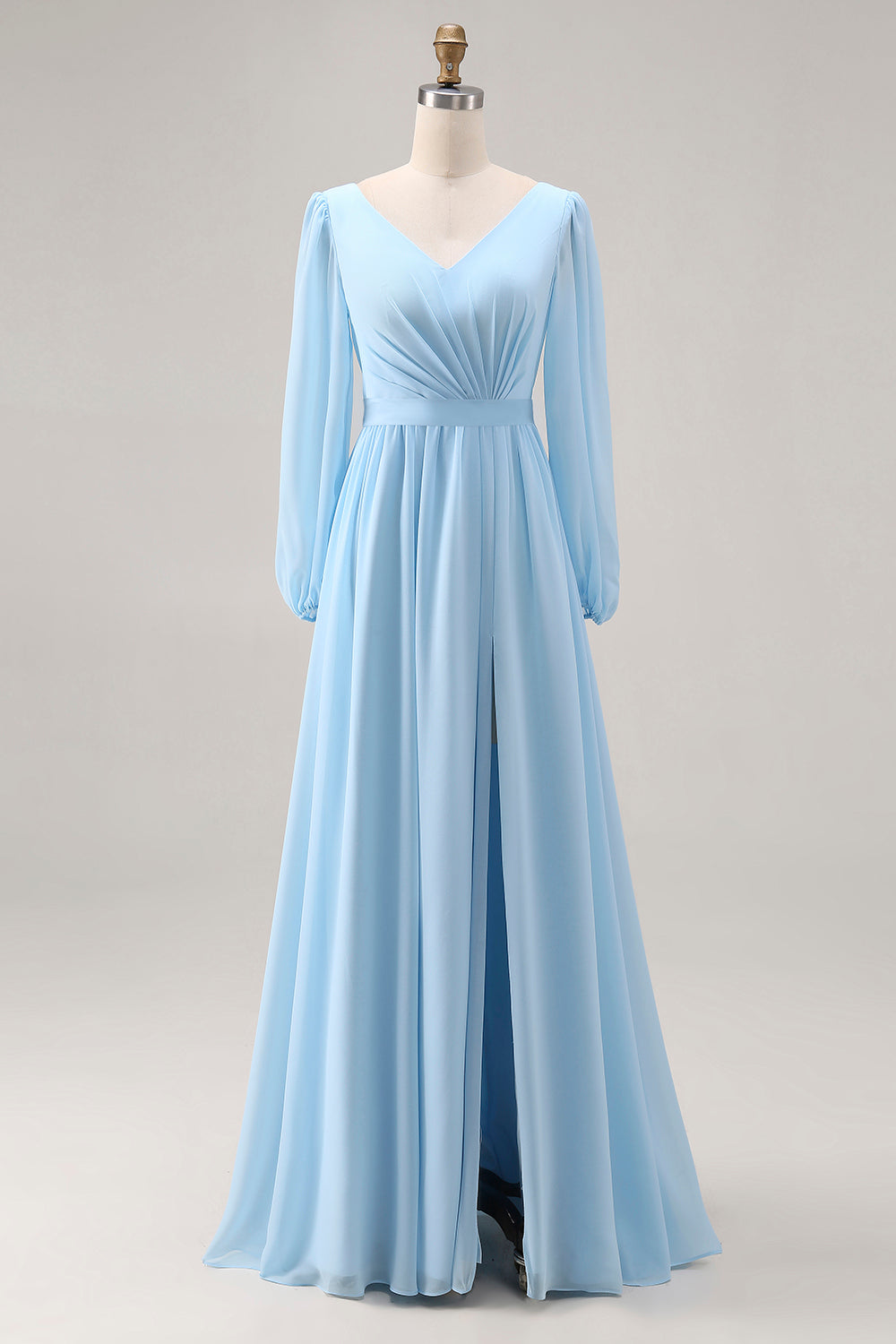 Robe Cérémonie Femme Col V Manches Longues Fronces Fente Bleu Ciel
