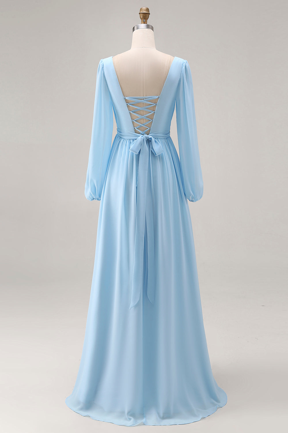 Robe Cérémonie Femme Col V Manches Longues Fronces Fente Bleu Ciel