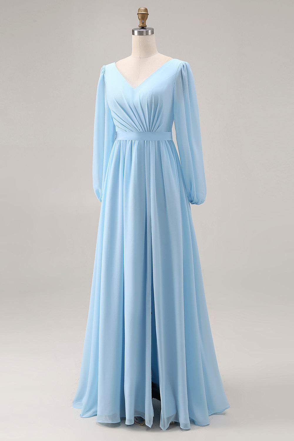 Robe Cérémonie Femme Col V Manches Longues Fronces Fente Bleu Ciel