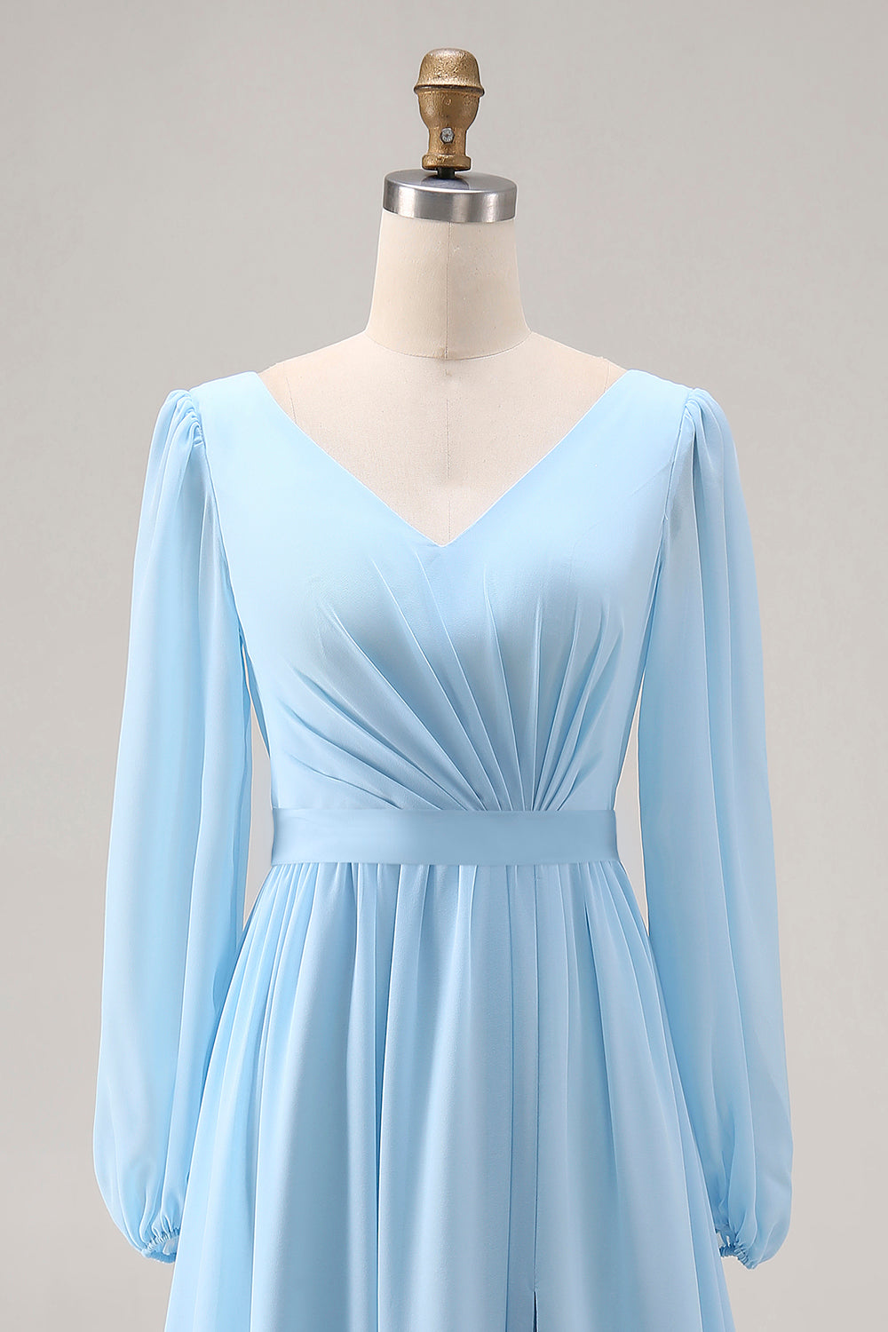 Robe Cérémonie Femme Col V Manches Longues Fronces Fente Bleu Ciel