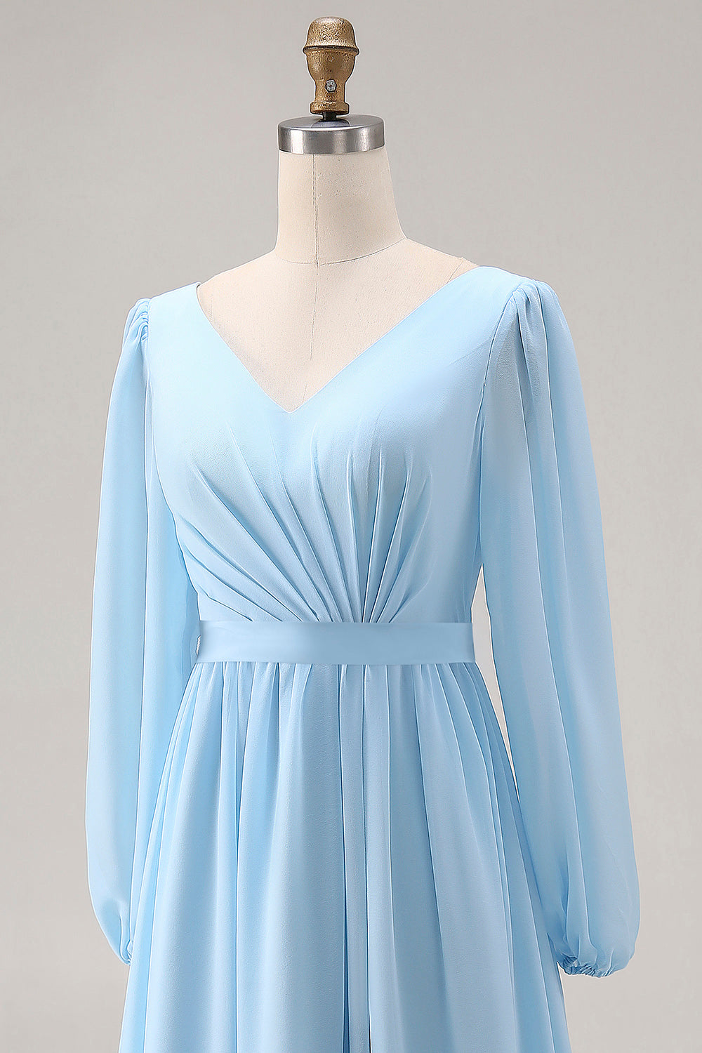 Robe Cérémonie Femme Col V Manches Longues Fronces Fente Bleu Ciel
