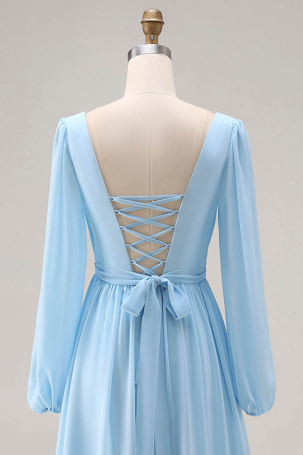 Robe Cérémonie Femme Col V Manches Longues Fronces Fente Bleu Ciel
