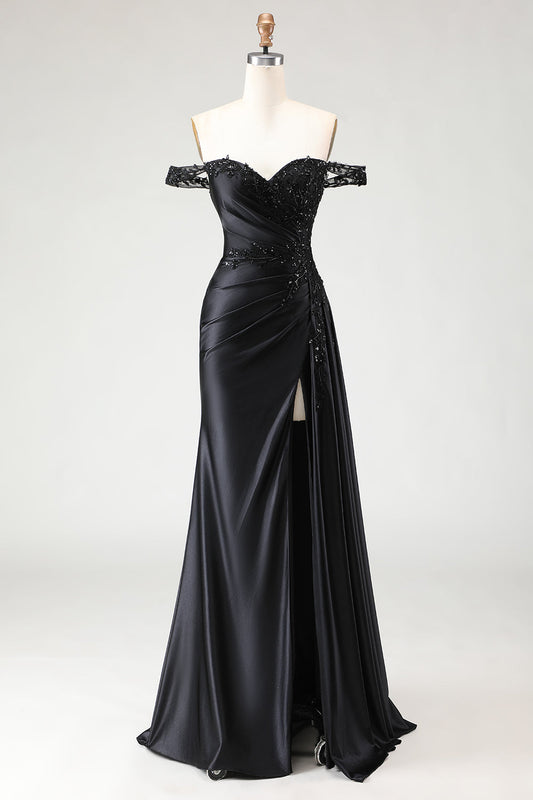 Robe de bal longue sirène noire à paillettes, épaules dénudées et fente
