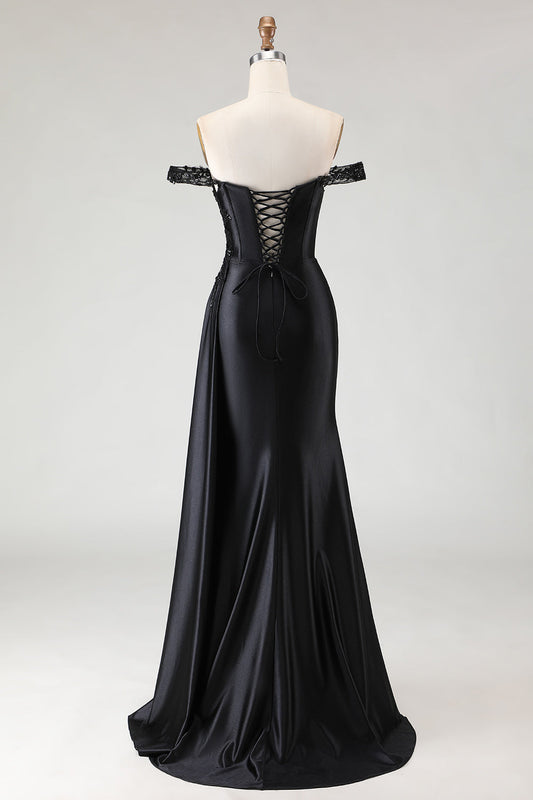 Robe de bal longue sirène noire à paillettes, épaules dénudées et fente
