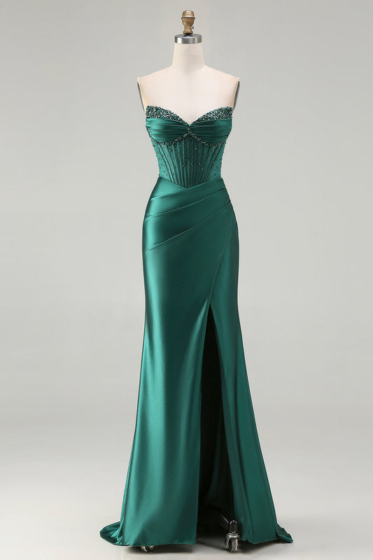 Robe de bal longue bustier vert foncé fendue avec corsage brodé