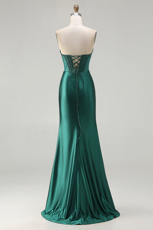 Robe de bal longue bustier vert foncé fendue avec corsage brodé