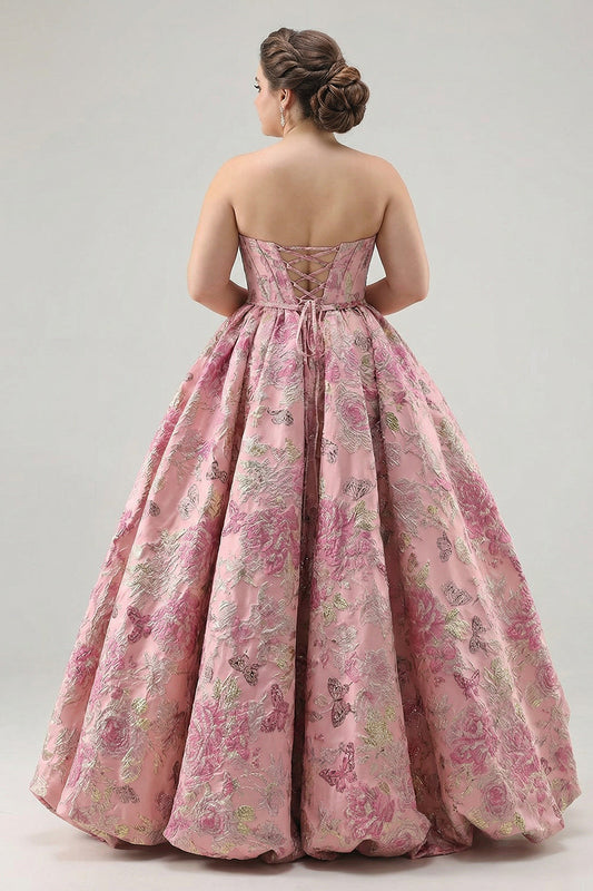 Princess Pink Floral Strapless Corset Long Plus Size Prom Dress with Lace Up Back