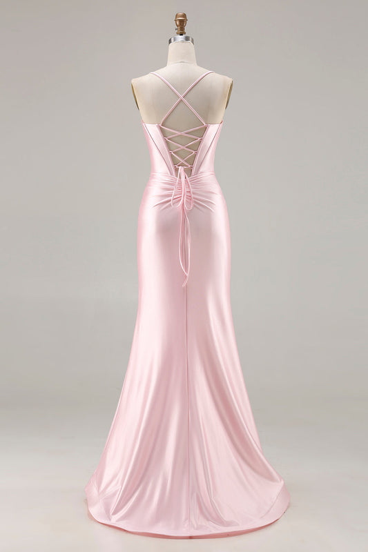 Pink Mermaid Corset Lace Up Back Long Prom Dress with Slit
