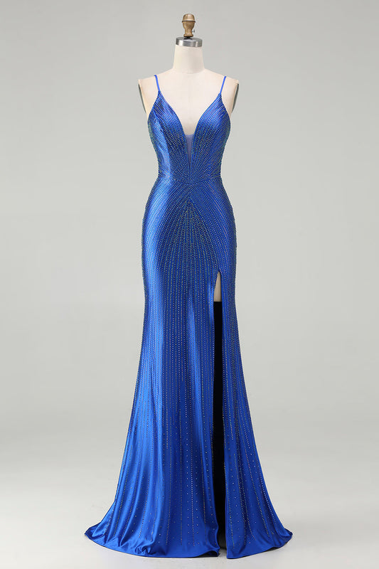 Robe de bal longue en satin bleu roi style sirène perlée avec fente