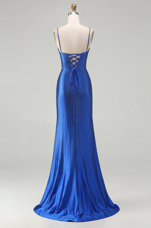 Robe de bal longue en satin bleu roi style sirène perlée avec fente