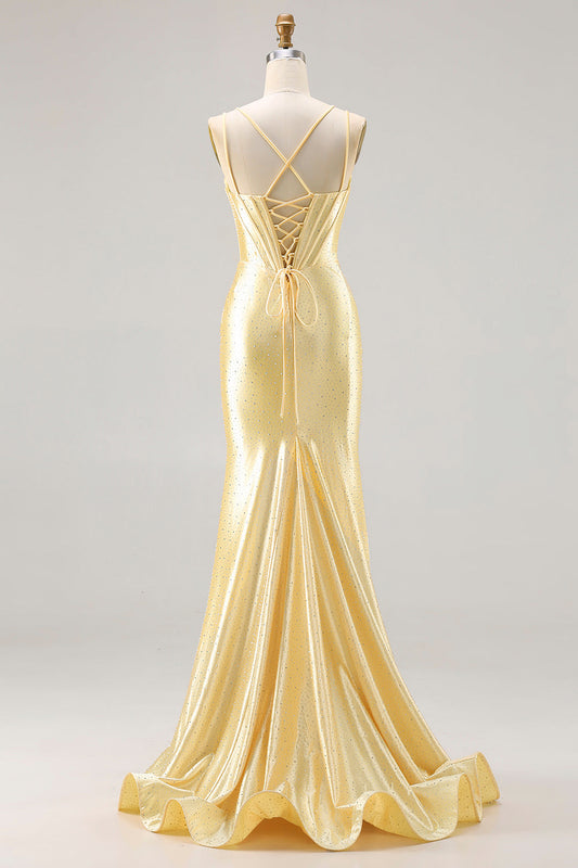 Robe de bal sirène longue corset perlé jaune clair avec dos lacé