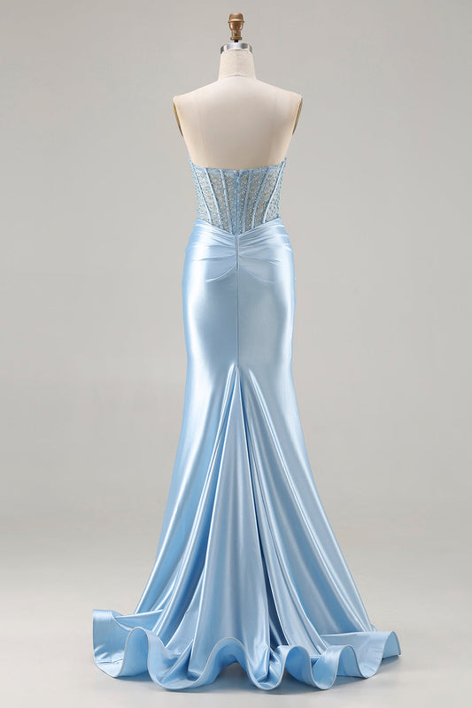 Strapless Mermaid Sky Blue Corset Beaded Long Prom Dress with Slit
