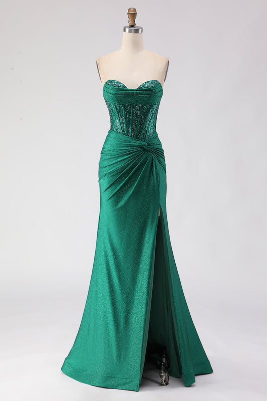 Robe de bal longue sirène à corset perlé, col en cœur, fendue, vert foncé scintillant