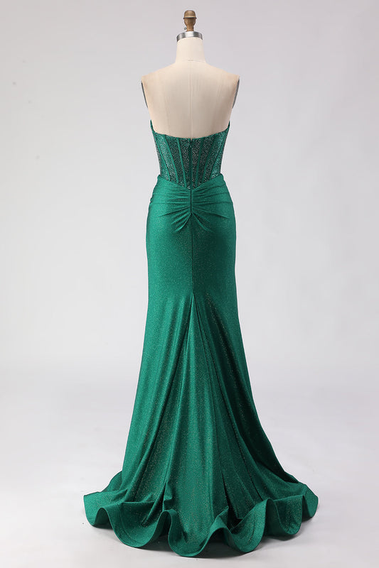 Robe de bal longue sirène à corset perlé, col en cœur, fendue, vert foncé scintillant