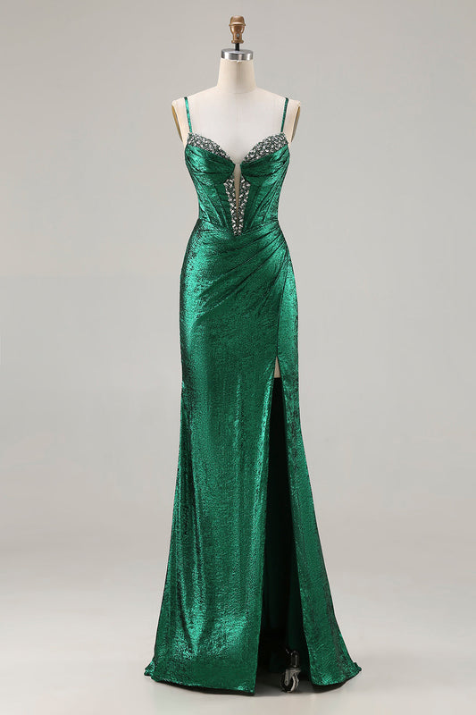 Robe de soirée longue sirène en perles vert foncé métallisé avec fente et corset