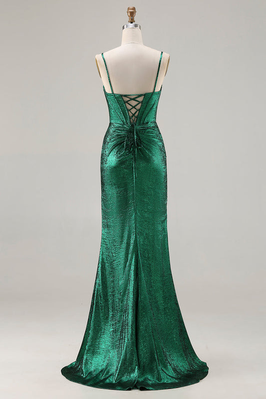 Robe de soirée longue sirène en perles vert foncé métallisé avec fente et corset