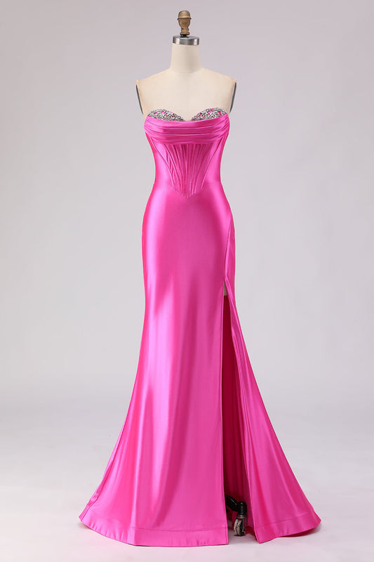 Sweetheart Fuchsia Mermaid Corset Beaded Long Prom Dress with Slit