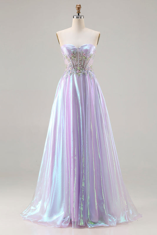 Sparkly Strapless Purple A-Line Corset Lace Up Back Long Prom Dress with Appliques