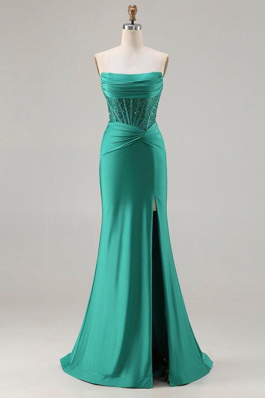Robe de soirée longue sirène vert foncé bustier à sequins avec corset et fente