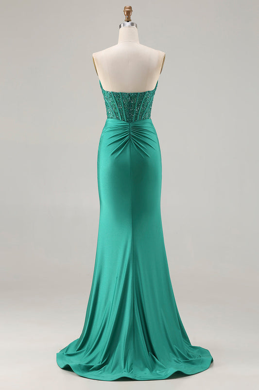 Robe de soirée longue sirène vert foncé bustier à sequins avec corset et fente