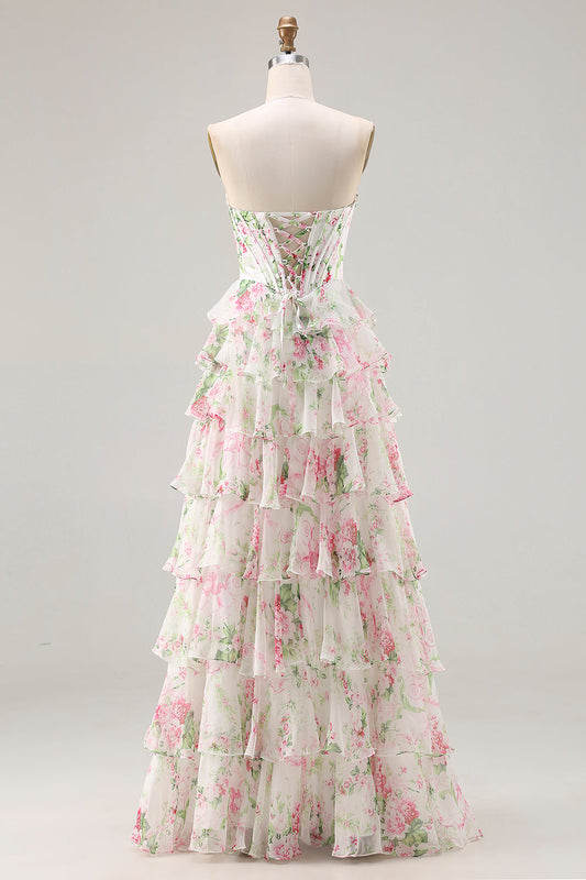 Pink Floral Sweetheart Corset Tiered A-Line Long Corset Prom Dress with Slit