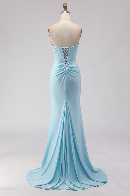 Sky Blue Strapless Beaded Mermaid Corset Long Prom Dress with Slit