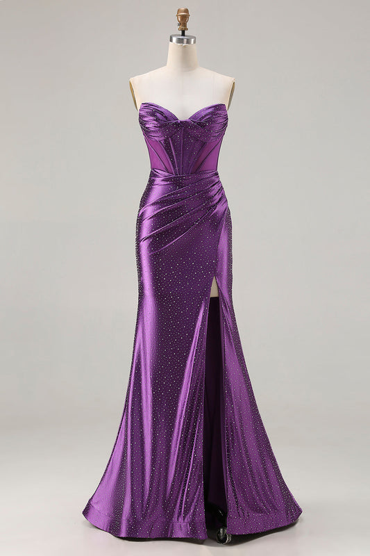 Robe de bal longue bustier sirène violet foncé perlé avec fente