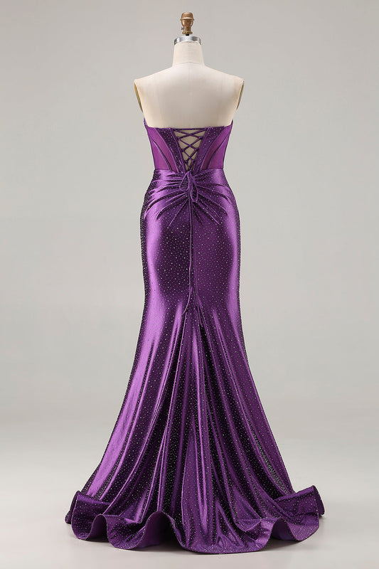 Robe de bal longue bustier sirène violet foncé perlé avec fente