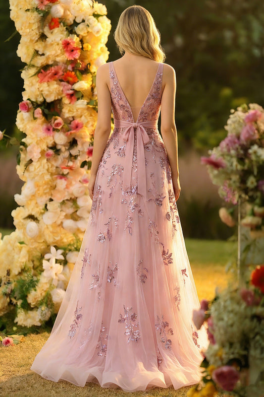 Blush A Line V-Neck Backless Long Prom Dress with Sequins