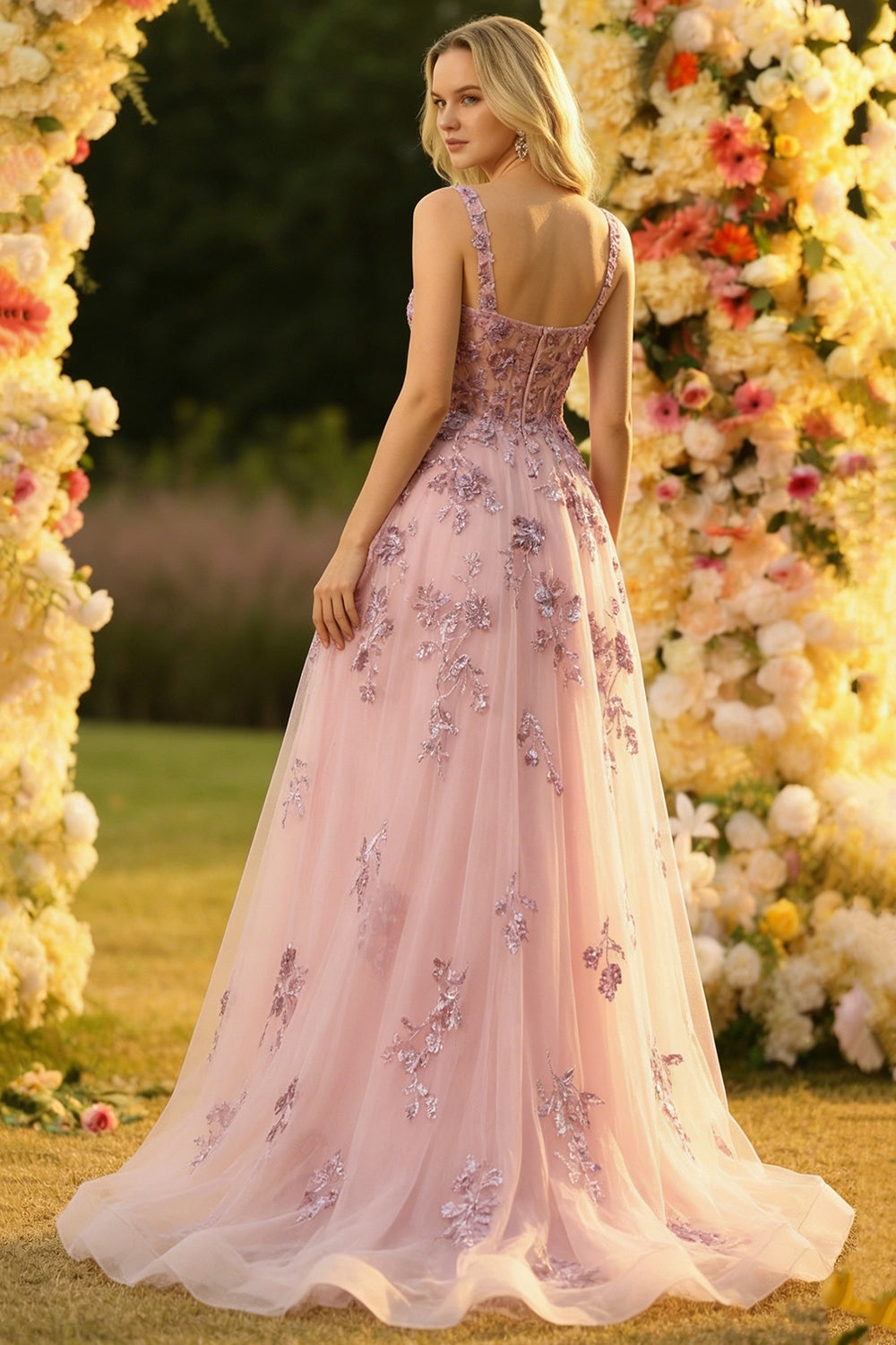 Blush A-Line Embroidered Square Neck Long Tulle Prom Dress