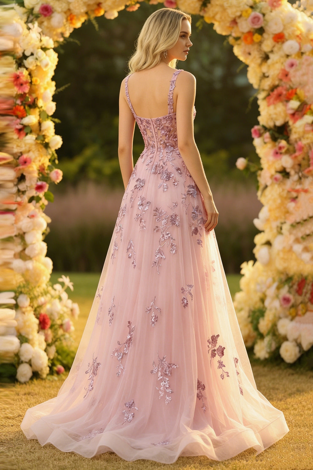 Blush A-Line Embroidered Square Neck Long Tulle Prom Dress