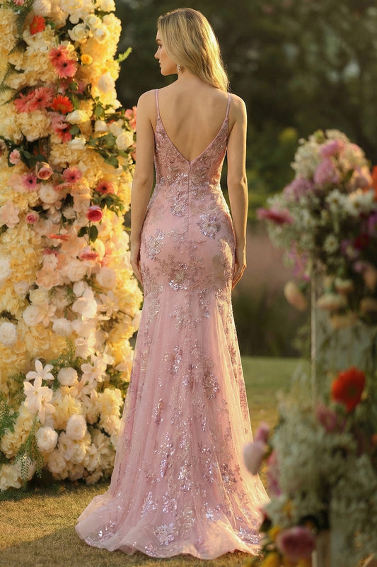 Sparkly Blush Mermaid Spaghetti Straps Long Prom Dress with Sequins