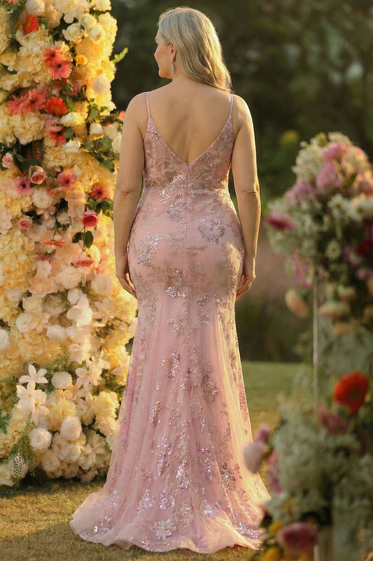 Sparkly Blush Mermaid V-Neck Plus Size Long Prom Dress with Sequins