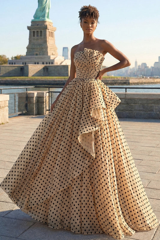 Strapless Apricot Black Dot A-Line Ruffled Long Prom Dress