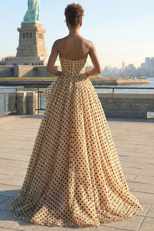 Strapless Apricot Black Dot A-Line Ruffled Long Prom Dress
