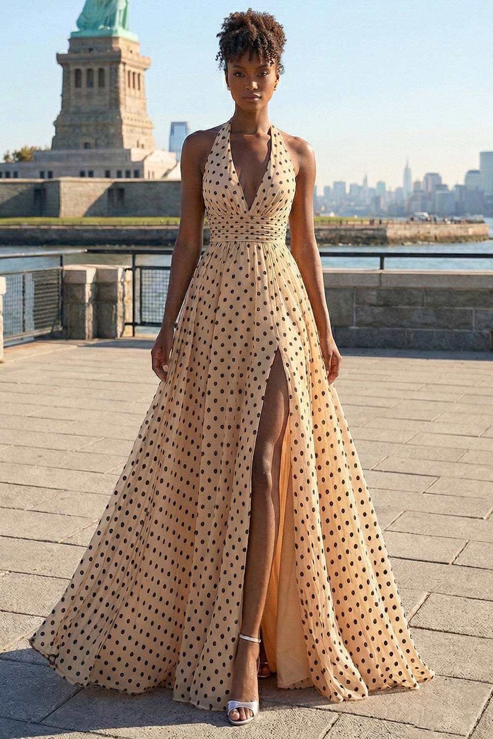 Apricot Black Dot A-Line Halter Bowed Long Prom Dress with Slit