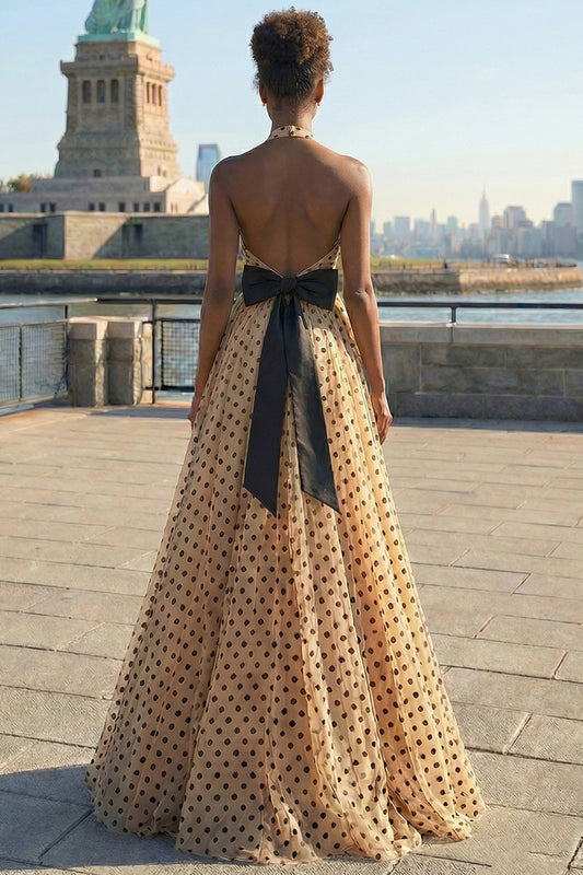 Apricot Black Dot A-Line Halter Bowed Long Prom Dress with Slit