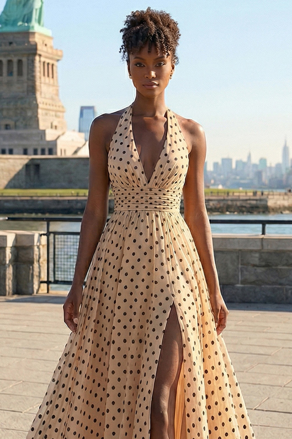 Apricot Black Dot A-Line Halter Bowed Long Prom Dress with Slit