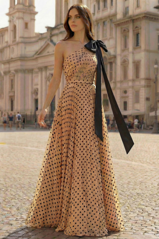 One Shoulder Apricot Black Dot A-Line Printed Long Prom Dress with Bow