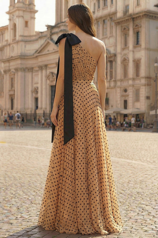 One Shoulder Apricot Black Dot A-Line Printed Long Prom Dress with Bow