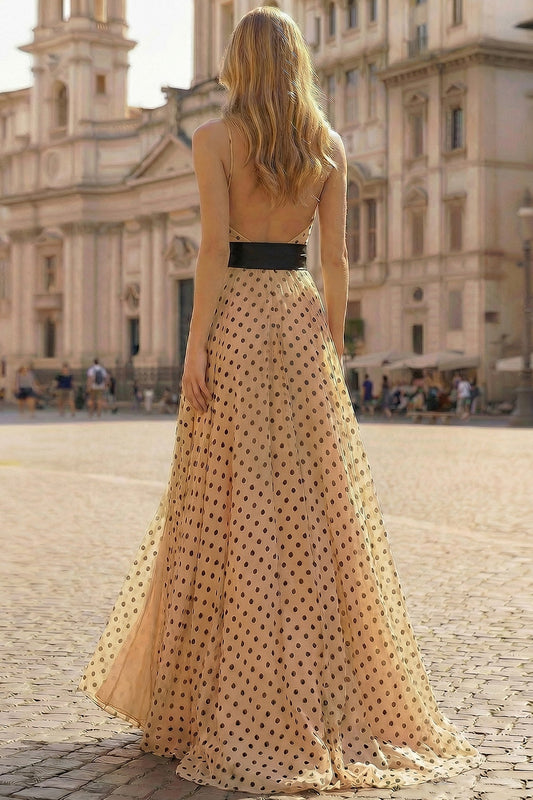 Halter A-Line Printed Apricot Black Dot Side Slit Long Prom Dress with Bow