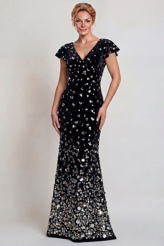 Robe de Mère de la Mariée Sirène à Col V Noire et Argentée Scintillante avec Paillettes
