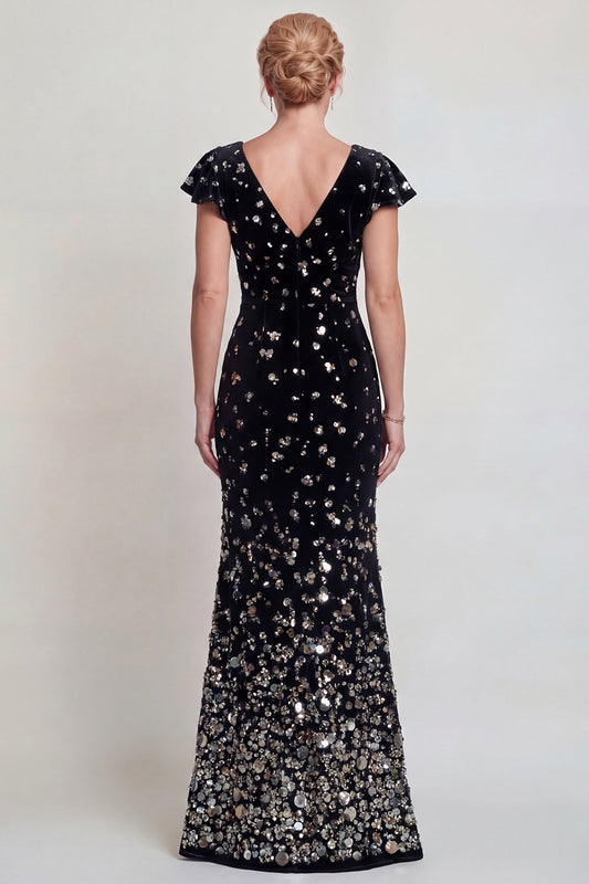 Robe de Mère de la Mariée Sirène à Col V Noire et Argentée Scintillante avec Paillettes