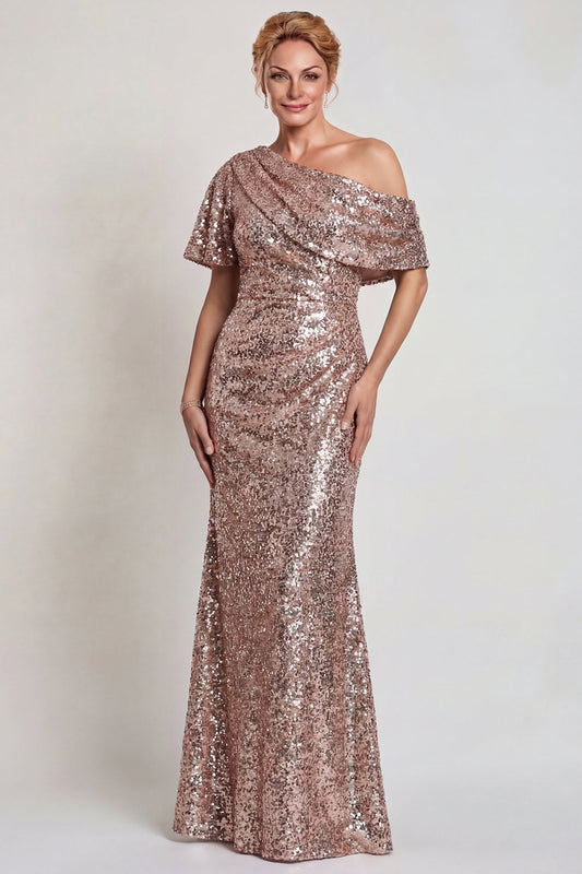 Robe longue de mère de la mariée monopaule champagne scintillant avec paillettes