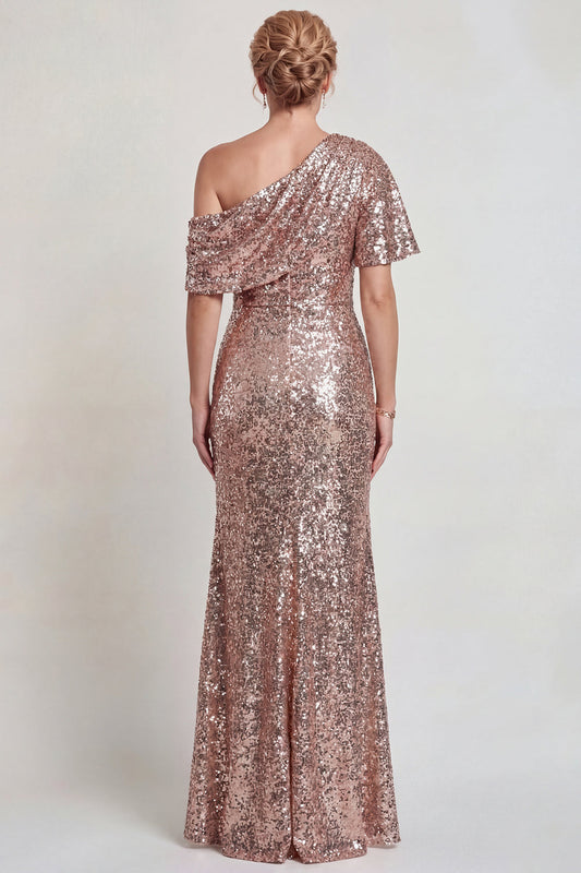 Robe longue de mère de la mariée monopaule champagne scintillant avec paillettes