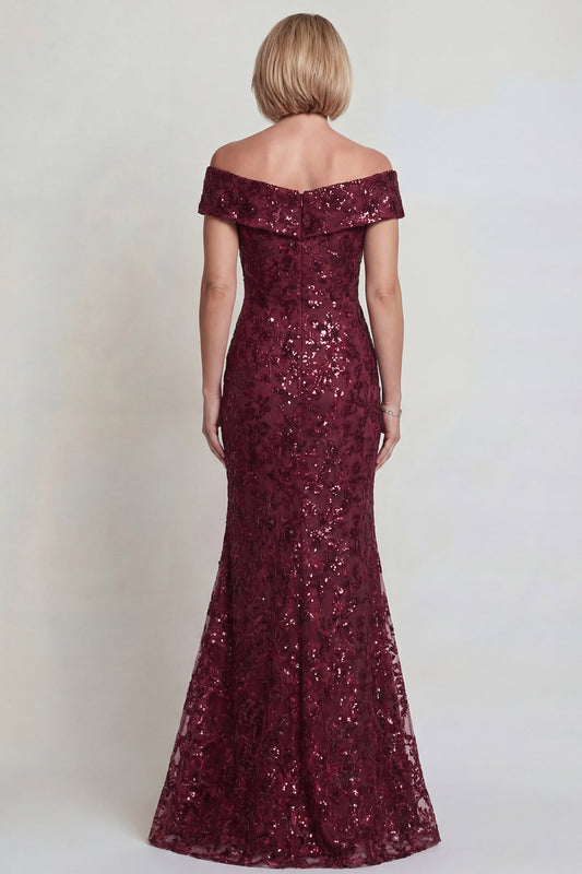 Robe de mère de la mariée sirène bordeaux scintillante à épaules dénudées avec paillettes