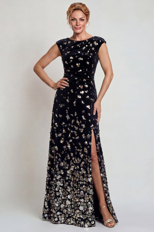 Robe de mariée trapèze, col bateau, noire et argentée scintillante, ornée de sequins