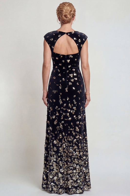 Robe de mariée trapèze, col bateau, noire et argentée scintillante, ornée de sequins