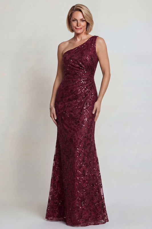 Robe de mariée une épaule bordeaux étincelante avec paillettes